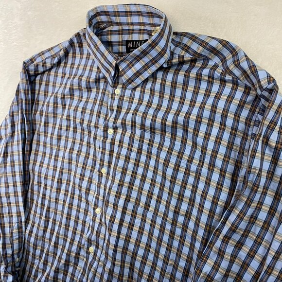 MINE Men’s Long Sleeve Classic Fit Orange Blue Checked Button Down Shirt Sz 2XB - Picture 2 of 11